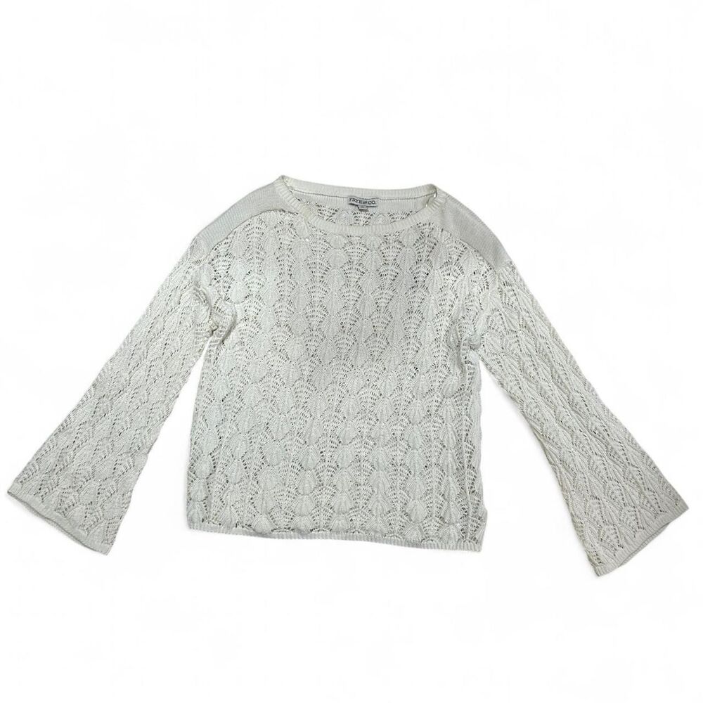 Frye and Co. White Crochet Bell Sleeve Sweater